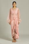 Buy_Anamika Khanna_Pink Silk Sequins, Beads, Tassels Floral Embroidered Overlay Draped Skirt Set_Online_at_Aza_Fashions