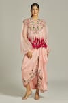 Shop_Anamika Khanna_Pink Silk Sequins, Beads, Tassels Floral Embroidered Overlay Draped Skirt Set_Online_at_Aza_Fashions