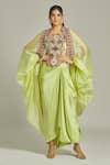 Buy_Anamika Khanna_Green Organza Embroidered Thread Cape Open Work Draped Skirt Set _at_Aza_Fashions