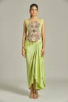 Anamika Khanna_Green Organza Embroidered Thread Cape Open Work Draped Skirt Set _Online_at_Aza_Fashions
