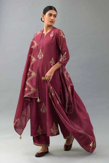Buy_Kora_Wine Silk, Chanderi Sequins, Zari, Embroidery, Tassels Round Thread Kurta Set _at_Aza_Fashions