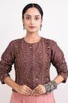 Shop_Monika Mathuria Datta_Brown Chanderi Embroidered Thread Round Cutdana Sequin Top With Skirt _at_Aza_Fashions