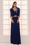 Buy_Masumi Mewawalla x AZA_Blue Net Embroidered Floral Applique Jacket V Neck Ruffle Skirt Set _Online