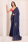 Buy_Masumi Mewawalla x AZA_Blue Crepe Embroidery Sequins Deep V Neck Stripe Saree With Blouse _at_Aza_Fashions