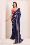 Buy_Masumi Mewawalla x AZA_Blue Crepe Embroidery Sequins Deep V Neck Stripe Saree With Blouse _Online