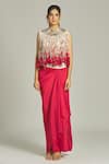 Anamika Khanna_Red Silk Sequins, Beads, Tassels Round Neck Fringe Top Draped Skirt Set_at_Aza_Fashions