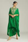 Buy_Anamika Khanna_Emerald Green Silk Embroidered Beads Round Pearl Embellished Cape With Skirt _at_Aza_Fashions