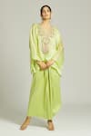 Buy_Anamika Khanna_Green Organza Embroidered Thread Kurta V Neck Yoke Draped Skirt Set 