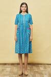 Samyukta Singhania_Blue Cotton Blend Chevron Print Dress_Online_at_Aza_Fashions