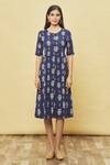 Samyukta Singhania_Blue Cotton Lotus Print Dress_Online_at_Aza_Fashions