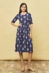 Shop_Samyukta Singhania_Blue Cotton Lotus Print Dress_Online_at_Aza_Fashions