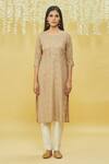 Khwaab by Sanjana Lakhani_Beige Rayon Printed Lotus Round Neck Straight Kurta _Online_at_Aza_Fashions