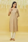 Shop_Khwaab by Sanjana Lakhani_Beige Rayon Printed Lotus Round Neck Straight Kurta _Online_at_Aza_Fashions