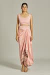 Anamika Khanna_Pink Silk Sequins, Beads, Tassels Floral Embroidered Overlay Draped Skirt Set_Online_at_Aza_Fashions