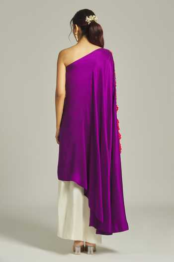 Shop_Anamika Khanna_Purple Silk Sequins, Beads One Thread Embroidered Asymmetric Top With Skirt _at_Aza_Fashions