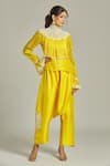 Buy_Anamika Khanna_Yellow Silk Embroidered Thread High Neck Pearl Shirt Pant Set _at_Aza_Fashions