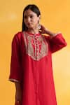 Pairaahan_Red Kurta Premium Silk Embroidery Wildflora Bloom Round Collar With Pant _Online_at_Aza_Fashions