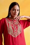 Buy_Pairaahan_Red Kurta Premium Silk Embroidery Wildflora Bloom Round Collar With Pant _Online_at_Aza_Fashions