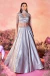 Buy_PARUL GANDHI_Grey Embroidery Sequins V Gleam Bloom Bridal Lehenga Set _at_Aza_Fashions