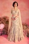 Buy_PARUL GANDHI_Beige Mesh Embroidery Sequins Foliage Swirl Embellished Bridal Lehenga Set _at_Aza_Fashions