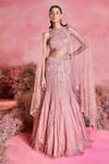 Buy_PARUL GANDHI_Pink Mesh Embroidery Halter Neck Noor 3d Petunia Bridal Lehenga Set _at_Aza_Fashions