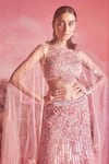 PARUL GANDHI_Pink Mesh Embroidery Halter Neck Noor 3d Petunia Bridal Lehenga Set _Online_at_Aza_Fashions