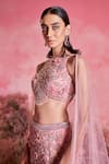 Buy_PARUL GANDHI_Pink Mesh Embroidery Halter Neck Noor 3d Petunia Bridal Lehenga Set _Online_at_Aza_Fashions