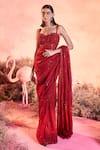 PARUL GANDHI_Red Satin Organza Embroidery Rose Bloom Embellished Saree With Corset Blouse _Online_at_Aza_Fashions