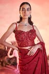 Buy_PARUL GANDHI_Red Satin Organza Embroidery Rose Bloom Embellished Saree With Corset Blouse _Online_at_Aza_Fashions