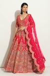 Buy_Vandana Sethi_Fuchsia Dupion Silk Embroidered Zardosi Leaf Neck Bridal Lehenga Set _at_Aza_Fashions