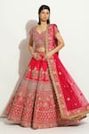 Buy_Vandana Sethi_Fuchsia Dupion Silk Embroidered Zardosi Leaf Neck Bridal Lehenga Set _at_Aza_Fashions