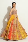 Buy_Vandana Sethi_Yellow Brocade Embroidered Sequins Leaf Neck Bridal Lehenga Set _Online_at_Aza_Fashions