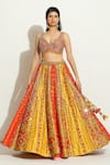 Shop_Vandana Sethi_Yellow Brocade Embroidered Sequins Leaf Neck Bridal Lehenga Set _at_Aza_Fashions