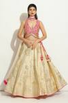 Buy_Vandana Sethi_Ivory Dupion Silk Embroidered Gota Deep V Neck Blouse Lehenga Set _at_Aza_Fashions