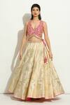 Shop_Vandana Sethi_Ivory Dupion Silk Embroidered Gota Deep V Neck Blouse Lehenga Set _at_Aza_Fashions