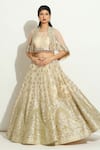 Buy_Vandana Sethi_Ivory Organza Embroidered Gota Cape Open Lehenga Set _at_Aza_Fashions