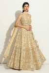 Buy_Vandana Sethi_Ivory Dupion Silk Embroidered Mirrorwork V-neck Floral Jaal Lehenga Set _at_Aza_Fashions