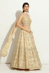 Shop_Vandana Sethi_Ivory Dupion Silk Embroidered Mirrorwork V-neck Floral Jaal Lehenga Set _Online_at_Aza_Fashions