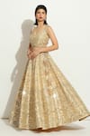 Shop_Vandana Sethi_Ivory Dupion Silk Embroidered Mirrorwork V-neck Floral Jaal Lehenga Set _at_Aza_Fashions