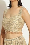 Vandana Sethi_Ivory Dupion Silk Embroidered Mirrorwork V-neck Floral Jaal Lehenga Set _at_Aza_Fashions