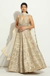 Buy_Vandana Sethi_Ivory Silk, Chiffon Crystals, Mirrorwork Floral Jaal Embellished Lehenga Set _at_Aza_Fashions