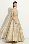 Buy_Vandana Sethi_Ivory Silk Mirrors, Crystals Halter Neck Scallop Mirrorwork Lehenga Set _Online_at_Aza_Fashions