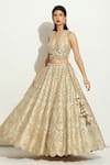 Shop_Vandana Sethi_Ivory Silk Mirrors, Crystals Halter Neck Scallop Mirrorwork Lehenga Set _Online_at_Aza_Fashions