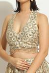 Vandana Sethi_Ivory Silk Mirrors, Crystals Halter Neck Scallop Mirrorwork Lehenga Set _at_Aza_Fashions