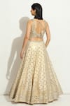 Vandana Sethi_Ivory Raw Silk Embroidered Mirrorwork V-neck Scalloped Pattern Lehenga Set _Online_at_Aza_Fashions