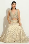 Shop_Vandana Sethi_Ivory Raw Silk Embroidered Mirrorwork V-neck Scalloped Pattern Lehenga Set _at_Aza_Fashions