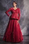 Buy_Varun Chakkilam_Red Silk Organza Embroidered Crystals V Neck Peplum Top And Skirt Set _at_Aza_Fashions