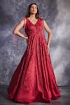 Buy_Varun Chakkilam_Red Silk Organza Embroidered Sequin V Floral Glass Bead Flared Gown  _at_Aza_Fashions