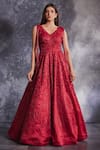 Shop_Varun Chakkilam_Red Silk Organza Embroidered Sequin V Floral Glass Bead Flared Gown  _at_Aza_Fashions