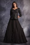 Buy_Varun Chakkilam_Black Silk Organza Embroidered Sequin V Neck Peplum Top And Skirt Set _at_Aza_Fashions